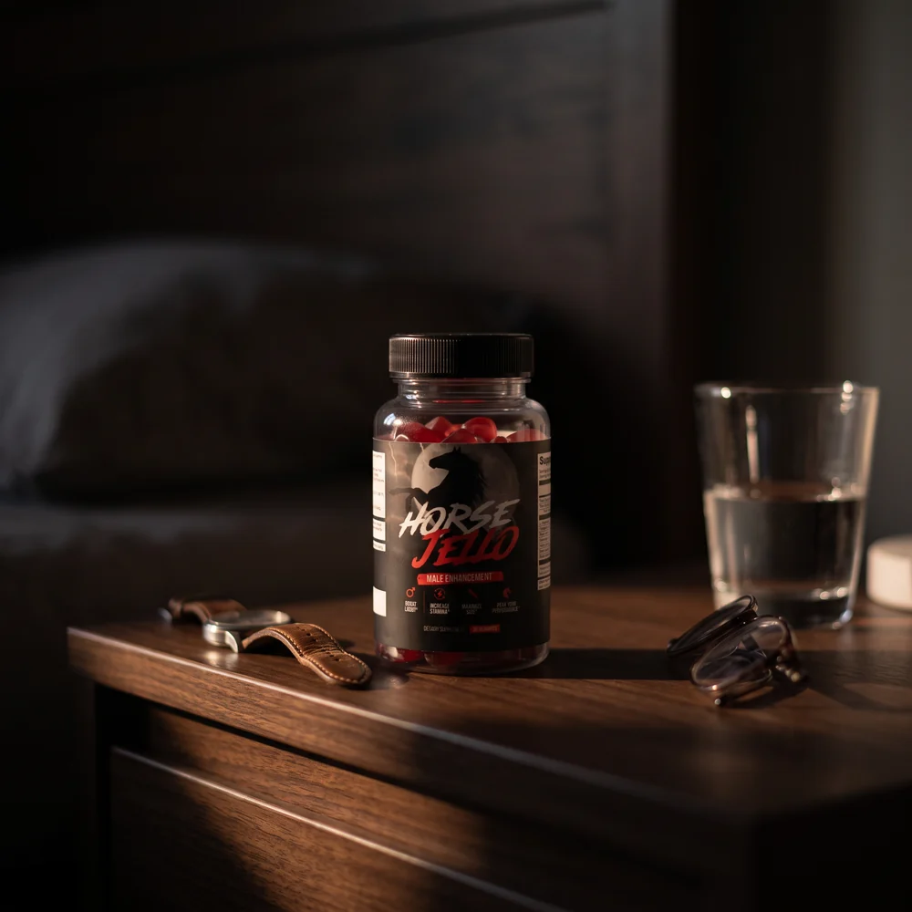 Un frasco de Horse Jello&reg; sobre una mesa de noche al amanecer