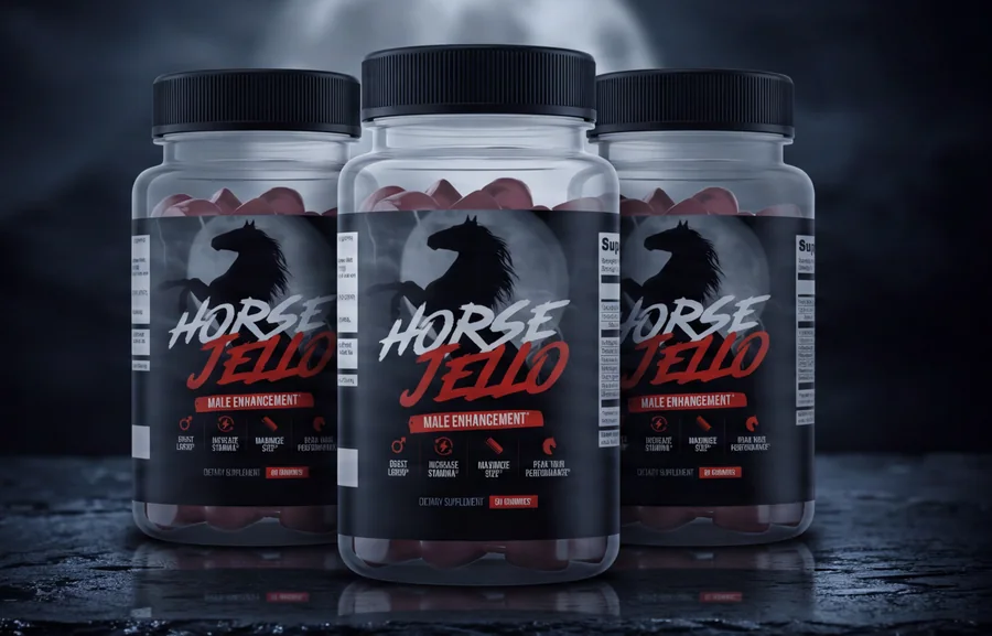 Tres frascos de Horse Jello&reg; sobre pizarra húmeda bajo la luz de la luna